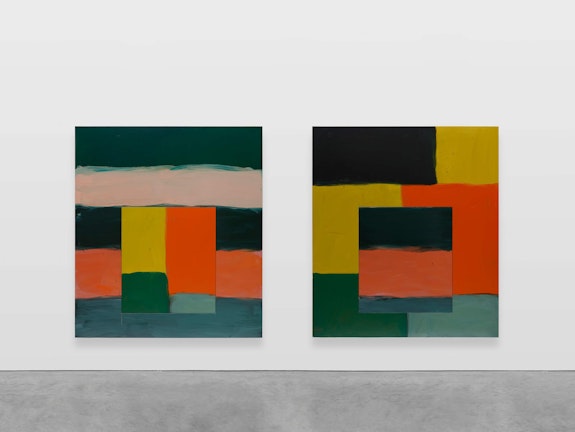 Sean Scully, <em>Vice Versa Green</em>, 2019. Oil on aluminum, two Panels: 85 x 75 inches each. © Sean Scully. Courtesy Lisson Gallery.