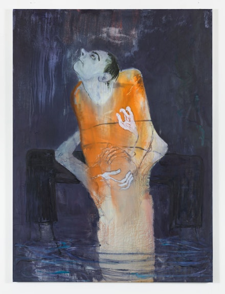 Sanya Kantarovsky, <em>On Them</em>, 2019. Oil and watercolor on canvas, 75 x 55 inches. © Sanya Kantarovsky; Courtesy the artist, Luhring Augustine, New York, and Stuart Shave/Modern Art, London, and Tanya Leighton Gallery, Berlin.