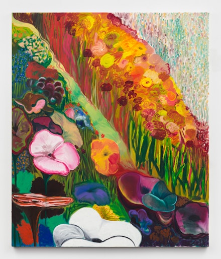 Shara Hughes, <em>Force Field</em>, 2018. Oil and dye on canvas, 78 x 66 inches. Courtesy the artist and Rachel Uffner, New York.