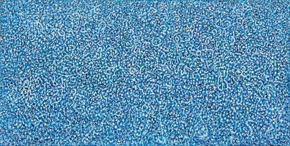 Richard Pousette-Dart, <em>Presence, Blue Amaranth Number 3</em>, 1975-76, acrylic on linen, 28 x 50 inches. © 2019 Estate of Richard Pousette-Dart / Artist Rights Society (ARS), New York.