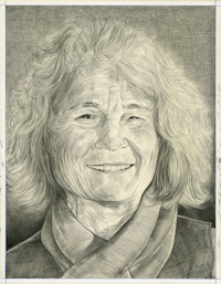 Portrait of Simone Forti. Pencil on paper by Phong Bui.
