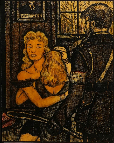 Renaldo Kuhler, <span><</span>em<span>></span>Viscountess Florence Ostenwelt holding Anne Marie de Rochelle, sickly daughter of Cesar, held captive by Captain Hinds,<span><</span>/em<span>></span> 1953. Ink, colored pencil, gouache on heavy sketch paper, 8 1/2 x 6 3/4 inches. Courtesy Ricco/Maresca Gallery, New York.