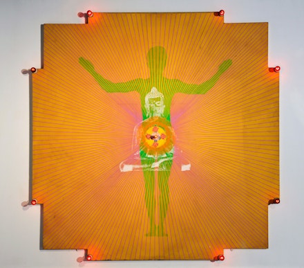 USCO, (Gerd Stern, Stephen Durkee, Michael Callahan), <em>Shiva</em>, 1965, Paint on canvas, electric lights, 108 x 108 in (274.3 x 274.3 cm). Courtesy of Carl Solway Gallery, Cincinnati.