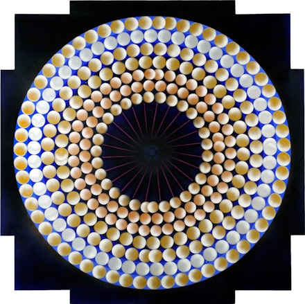USCO, (Gerd Stern, Stephen Durkee, Michael Callahan), <em>Spheres-Time (Tabernacle Painting)</em>, 1965, oil and screenprint on canvas, 112.5 x 110 in (285.8 x 279.4 cm). Courtesy of Carl Solway Gallery, Cincinnati. 