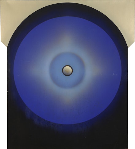 USCO, (Gerd Stern, Stephen Durkee, Michael Callahan), <em>Silver Sphere</em>, 1965, oil on shaped canvas, 72 x 60 inches (182.9 x 152.4 cm). Courtesy of Carl Solway Gallery, Cincinnati.
