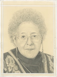 Portrait of Howardena Pindell, pencil on paper by Phong Bui. Based on a photo © Nathan Keay 2018 .
