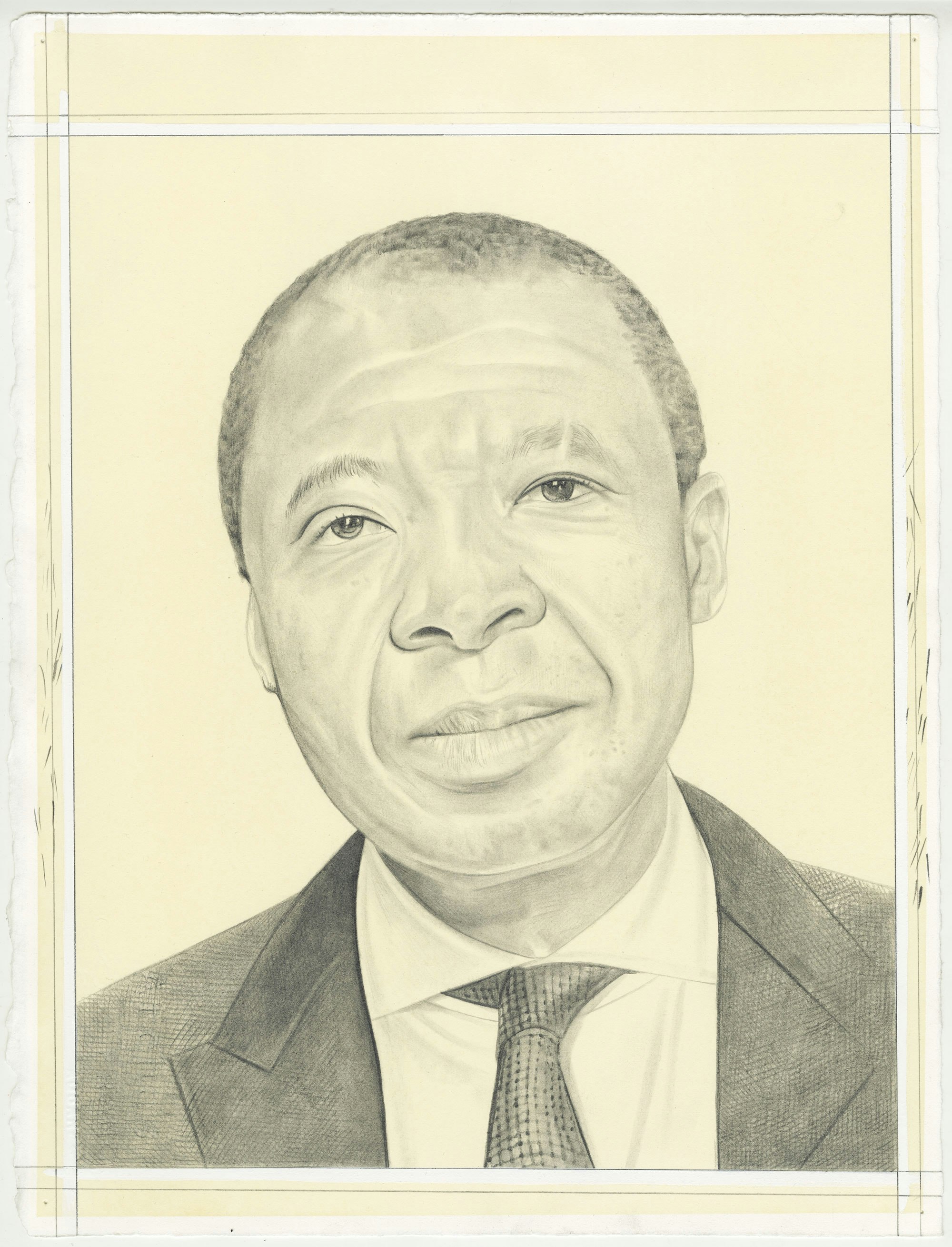 Portrait of Okwui Enwezor, pencil on paper by Phong Bui.