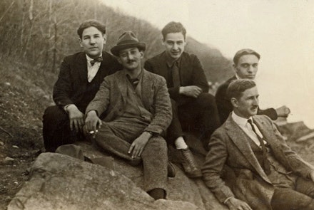Photograph of Barnett Newman, Adolph Gottlieb, Alex Borodulin, Otto Soglow, and unidentified friend in Central Park, c. 1925. Courtesy the Adolph and Esther Gottlieb Foundation, New York.