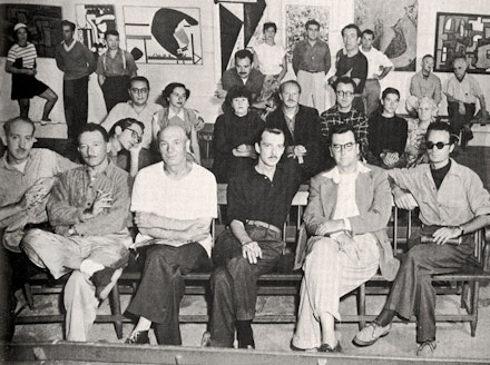 Adolph Gottlieb and fellow artists at the Provincetown Art Association's Forum 49 exhibition, July 1949. Seated in first row, l - r: unidentified, Adolph Gottlieb, Karl Knaths, Weldon Kees, unidentified, Giglio Dante. Courtesy the Adolph and Esther Gottlieb Foundation, New York.