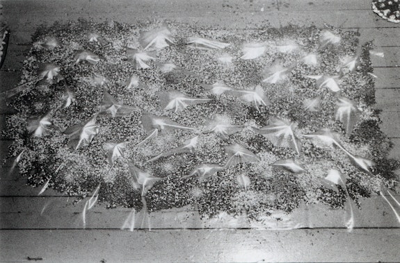 Thomas Nozkowski, <em>Untitled</em>, 1973. Plastic sheeting, rocks, marble chips, aluminum paint, 60 x 96 inches. Courtesy David Goerk.