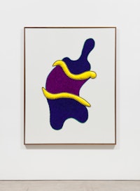 Tony Cox, <em>Bottle of Blueballs</em>, 2018. Thread, acrylic, suede, lamb leather, twisted lipcord, poly stuffing on canvas in walnut frame, 73 1/2 x 57 1/2 inches. Courtesy the artist and Marlborough, New York and London. Photo: Pierre Le Hors.