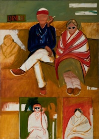 <i>T.C. Cannon,  Mama and Papa Have the Going Home Shiprock Blues, 1966. Acrylic and oil on canvas. Institute of American Indian Arts, Museum of Contemporary Native Arts, Santa Fe, New Mexico. © 2019 Estate of T.C. Cannon. Photo Addison Doty.</i>