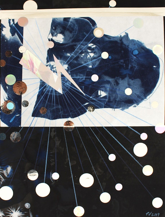 Tomas Vu, <em>Glen</em>, 2019, mixed media, cyanotype and wood veneer, 19 x 27 inches. Courtesy the artist. 