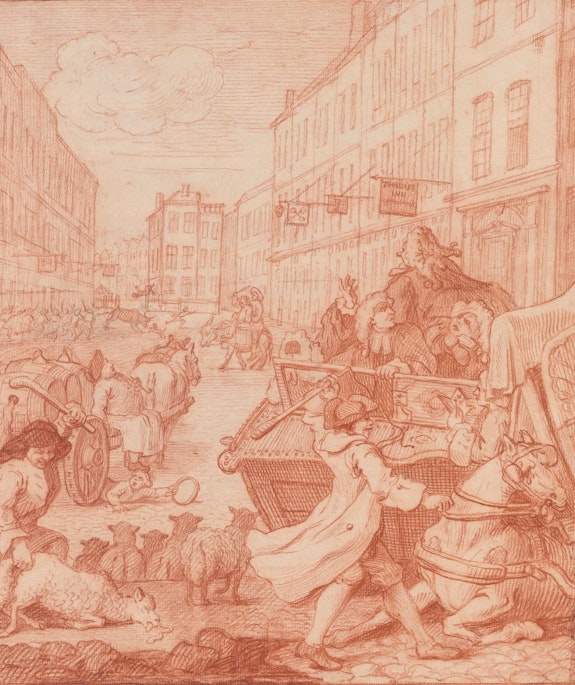 William Hogarth, <em>Second Stage of Cruelty</em>, 1750-51. Red chalk, with graphite; incised with stylus; verso rubbed with red chalk for transfer. The Morgan Library & Museum. Photo: Steven H. Crossot, 2016.
