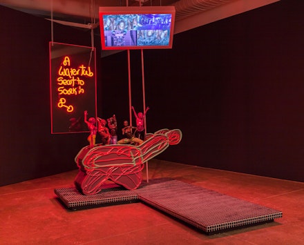 Jacolby Satterwhite, in collaboration with The Fabric Workshop and Museum, Philadelphia, <em>Room for Cleansing</em>, 2019. Plexiglass, LED, HD color video, silicone, MDF, enamel, latex paint, PLA filament, epoxy, epoxy resin, enamel, bond filler, tile, grout, plywood, and aluminum, 120 x 96 x 48 inches.