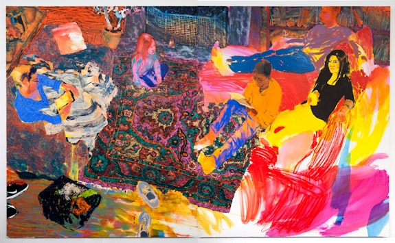Doron Langberg, <em>Daniel Reading</em>, 2019. Oil on linen, two elements, 96 x 160 inches overall. © Doron Langberg. Courtesy Yossi Milo Gallery, New York.
