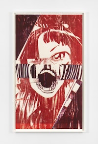 Christian Marclay, <em>Scream (Shaking Red)</em>, 2019. Color woodcut on Saunders Waterford 190 gsm hot press paper, 90 x 47 7/8 inches. © Christian Marclay. Courtesy Paula Cooper Gallery, New York. Photo: Steven Probert.