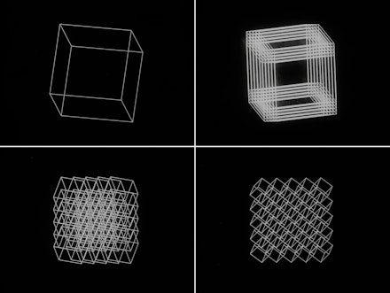 Manfred Mohr, <em>Cubic Limit</em>, 1973–1974. 16mm film, black and white, silent, with digital transfer, 4 min. Courtesy bitforms gallery, New York.