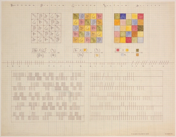 Brian O'Doherty, <em>The Five Senses of the Bishop of Cloyne</em>, 1967-78. Ink and watercolor on graph paper, 17 x 22 inches. 