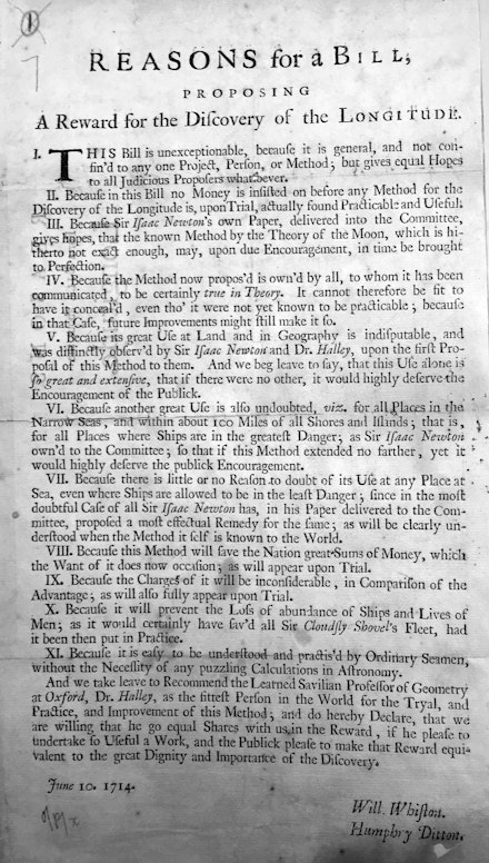 Reasons for a Bill: A Reward for the Discovery of Longitude. Courtesy the Library and Archives of theRoyal Society