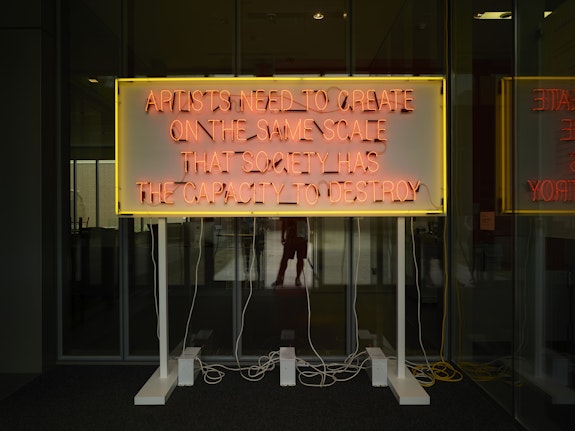 Lauren Bon, <em>Artists Need to Create on the Same Scale That Society Has the Capacity to Destroy</em>, 2019. Glass neon, metal brackets. 41 x 97 x 2 ½ in. Courtesy the artist and Metabolic Studio, Los Angeles. 