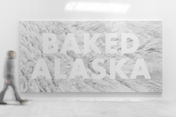 Justin Brice Guariglia, <em>BAKED ALASKA,</em> 2018. UV acrylic inkjet print, six high-density polystyrene panels, epoxy, hand-carved text, polystyrene chips. 96 x 192 x 1 ¾ in. Anchorage Museum Collection. Photo: Luc Demers.