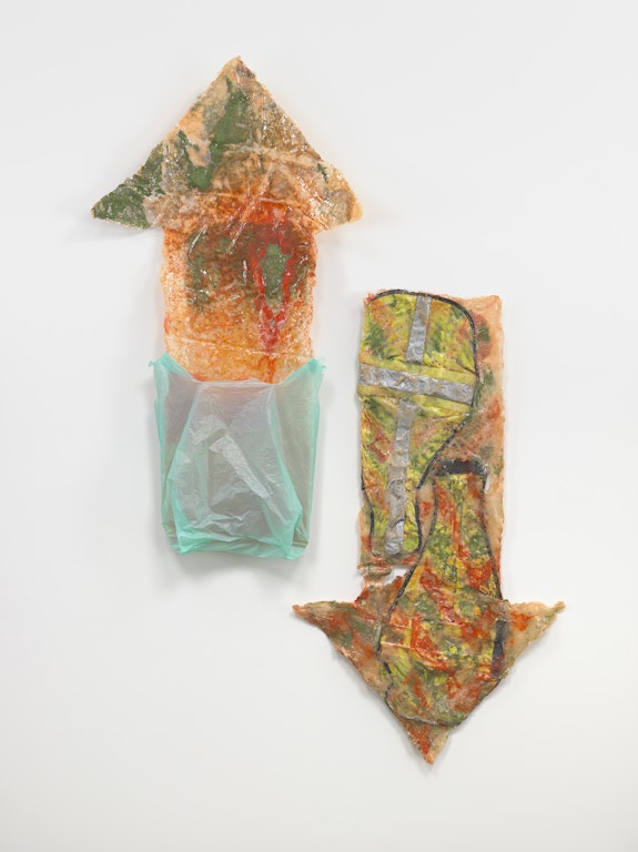 Allyson Vieira, <em>Orange to Green</em>, 2018. Styrofoam, plastic bags, spray paint, high-visibility vest, resin. 64 x 47 ½ x 5 ¾ in. Courtesy the artist. Photo: Genevieve Hanson.