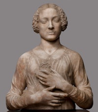 Andrea del Verrocchio, <em>Lady with Flowers</em>, c. 1475–1480. Marble, 23 5/8 x 18 7/8 x 9 13/16 inches. Museo Nazionale del Bargello, Florence.