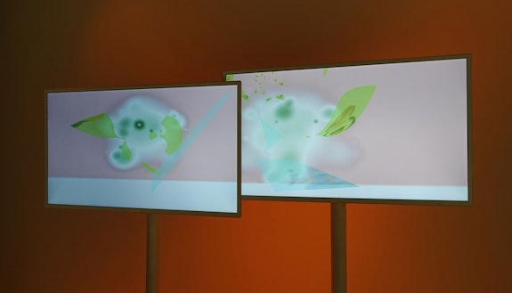 Bojanna Ginn, <em>Plastic Genes / Stereognostic Monologues</em>, 2019. Two Monitors, two monitor stands, two looping videos.
