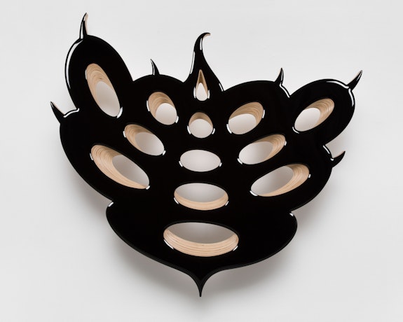 Donald Moffett, <em>Lot 072519 (late biology, blossom)</em>, 2019 . Pigmented epoxy resin on wood panel support, steel , 50 1/2 x 55 1/2 x 6 1/2 inches. Courtesy the artist and Marianne Boesky Gallery, New York and Aspen. © Donald Moffett. Photo: Joseph Parra. 