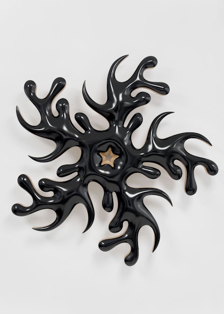 Donald Moffett, <em>Lot 062819 (nature cult, counterclockwise black)</em>, 2019.  Epoxy resin, urethane paint, and UV clear coat on wood and urethane panel support, steel , 48 1/4 x 47 1/4 x 7 1/2 inches. Courtesy the artist and Marianne Boesky Gallery, New York and Aspen. © Donald Moffett. Photo: Joseph Parra. 