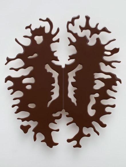 Donald Moffett, <em>Lot 082019 (cocoa brain)</em>, 2019. Pigmented epoxy resin on wood panel support, steel, 96 x 84 x 6 1/2 inches. Courtesy the artist and Marianne Boesky Gallery, New York and Aspen. © Donald Moffett. Photo: Joseph Parra.