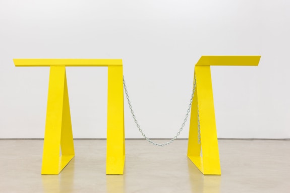 Melvin Edwards, <em>Ntrytry</em>, 1981. Painted welded steel and chain, 57 x 132 x 60 3/4 inches. Courtesy Alexander Gray Associates, New York; Stephen Friedman Gallery, London. © Melvin Edwards/Artists Rights Society (ARS), New York.