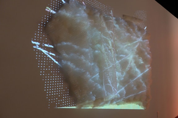 Bojanna Ginn, <em>Digital Synesthesia 2</em>, 2019. Two Channel Video Installation, sheep’s wool, monofilament, polymer mesh. Courtesy the artist.