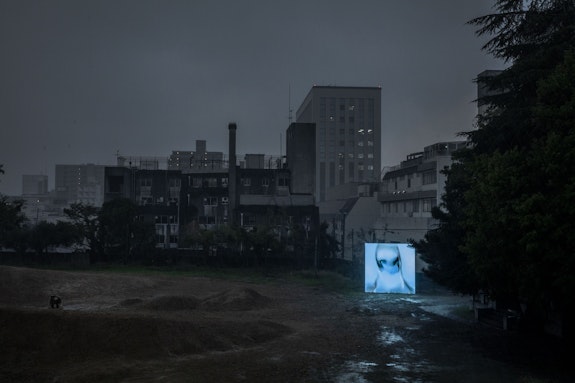Installation view: <em>If the Snake</em>, Okayama Art Summit, 2019, with Pierre Huyghe’s <em>NOT YET TITLED</em>, 2019-ongoing, and Etienne Chambaud’s <em>Calculus</em>, 2019. Huyghe: courtesy the artist, TARO NASU, Marian Goodman Gallery and Hauser and Wirth © Kamitani Lab / Kyoto. Chambaud: Collection of Ishikawa Foundation, Okayama. Courtesy the artist. Photo: Ola Rindal.