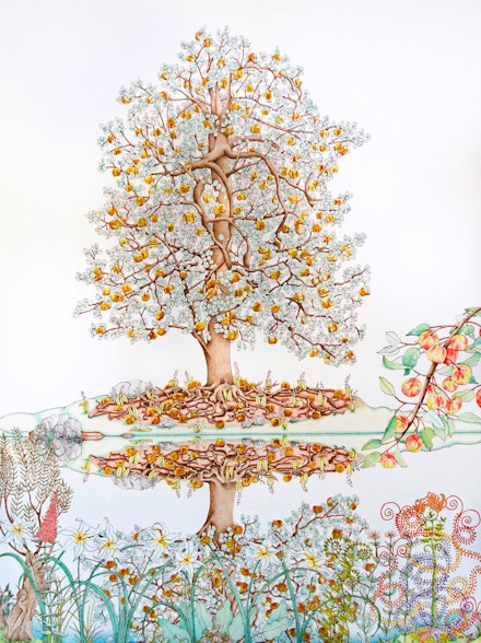 Michael Eade, <em>Tree of Life Reflected</em>, 2018. Egg tempera, raised 22k gold leaf, raised aluminum leaf, oil on canvas, 48 x 36 inches. © Michael Eade, courtesy Fou Gallery.