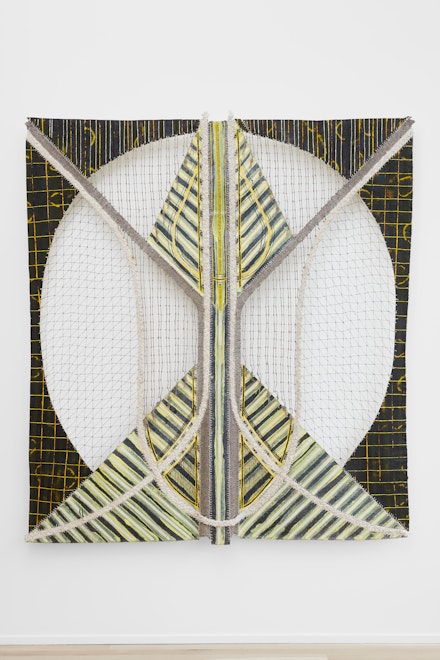 Julia Bland, <i>Thunder</i>, 2019. Canvas, silk, linen and wool threads, fabric dye, oil paint, 66 x 64 in.