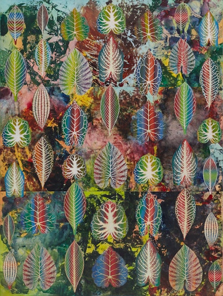 Philip Taaffe, <em>Interzonal Leaves</em>, 2018. Mixed media on canvas, 111 11/16 x 83 11/16 inches. © Philip Taaffe; Courtesy of the artist and Luhring Augustine, New York.