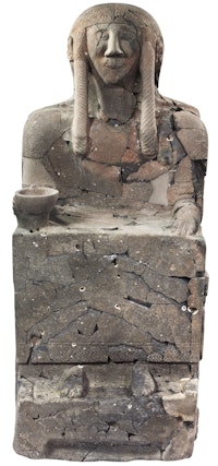 <em>Seated figure</em>, Neo-Hittite, c.10th–9th century BC (reconstructed 2001–10), Tell Halaf (ancient Guzana), Syria. Basalt, 75 5/8 x 32 1/4 x 39 3/8 inches. Max Freiherr von Oppenheim Foundation, Cologne.