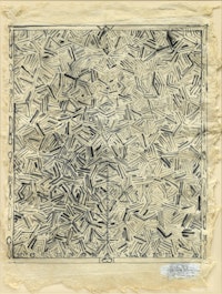 Jasper Johns, <em>Dancers on a Plane</em>, 1982. Graphite wash on India paper, 35 1/4 x 27 inches, irregular. Kravis Collection.