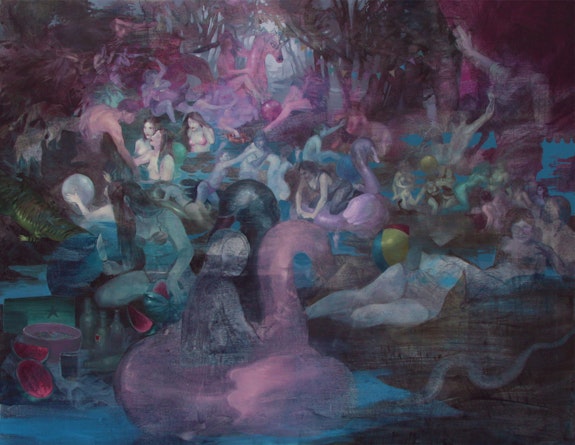 Barbara de Vivi,<em> Pool party</em>, 2019. Oil and acrylic on canvas, 55 1/8 x 70 7/8 inches. Courtesy the artist.