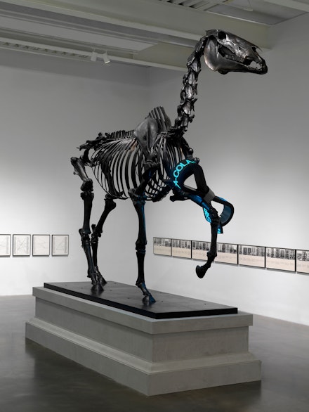 Hans Haacke, <em>Gift Horse</em>, 2014. Bronze with black patina and wax finish, stainless steel fasteners and supports, and 1/4-inch flexible LED display with stainless steel armature and polycarbonate face, 183 x 169 x 65 inches. Commissioned by the Mayor of London's Fourth Plinth Program. Courtesy the artist and Paula Cooper Gallery, New York.