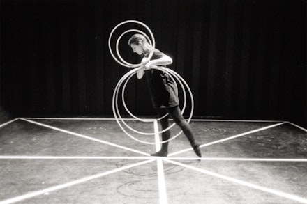 Juliet Neidish rehearsing “Hoop Dance” at the Bauhaus in Dessau, 1994. Photo: Mark Franko.