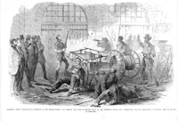 Harper's Ferry insurrection, Interior of the Engine-House. Wood engraving published in Frank Leslie's illustrated newspaper, v. 8, no. 205 (1859, Nov. 5). Library of Congress.