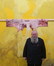 Installation with Schüttbilder (spill paintings) and Hermann Nitsch at
Mike Weiss Gallery. Photo by Jaclyn Mayer. Courtesy Mike Weiss Gallery.