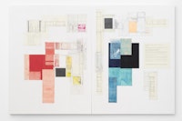 Deb Sokolow, <em>Mr. Richard M. Nixon's Difficulties with Ovals, Version 2</em>, 2019. Graphite, crayon, colored pencil, pastel, and collage on panel diptych, 50 x 76 x 1 1/2 inches.