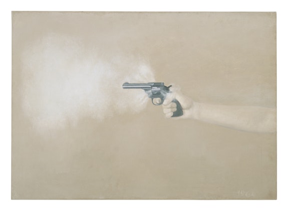 Vija Celmins, <em>Gun with Hand #1</em>, 1964, Oil on canvas, 24.5 x 34.5 in. The Museum of Modern Art, New York, gift of Edward R. Broida in honor of John Elderfield. © Vija Celmins / Courtesy Matthew Marks Gallery