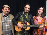 The creative team of <em>Fandango for Butterflies (and Coyotes)</em>, left to right: director José Zayas, composer/music director Sinuhé Padilla, playwright Andrea Thome. Photo: Anne Hamburger.