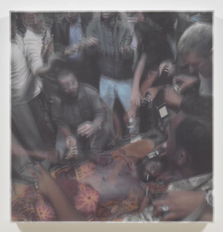 Bradley McCallum, <em>Fallen (Mutassim the Fourth Son of Gaddafi, Sirte, Libya, October 20, 2011, 5:50 pm)</em>, 2019 Oil on linen, toner on silk, 41.5 x 40 inches. Image courtesy of the artist. 
