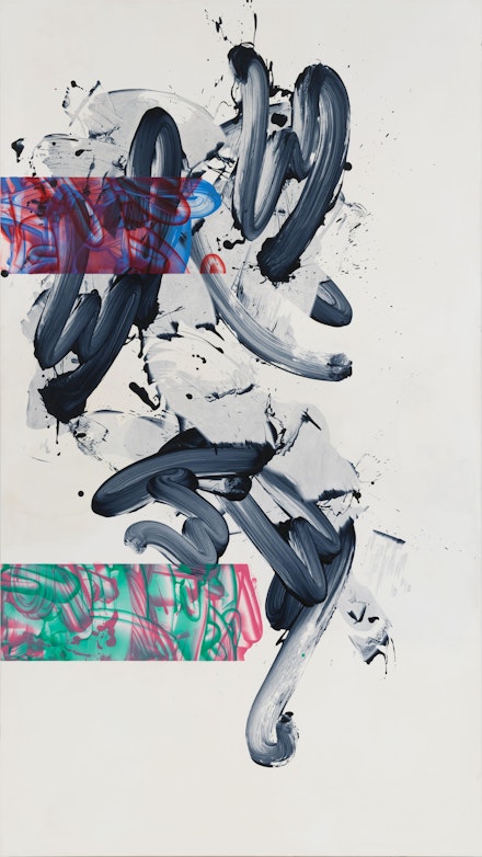 David Reed, #712, 2010-11/2018-19. Acrylic, oil, and alkyd on polyester, 96 x 54 inches. © 2020 David Reed/Artists Rights Society (ARS), New York. Photo: Rob McKeever. Courtesy Gagosian.